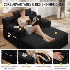 2-in-1 Convertible Chaise Lounge Indoor, 60.2" Corduroy Upholstered Chaise Lounge Chair that Converts to Sleeper, Custom