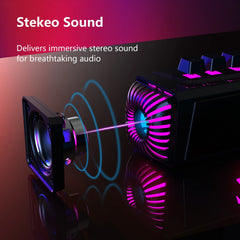 Computer speakers for desktop/laptop with Bluetooth/wired connectivity and dual-mode for gaming/music, featuring microphone.