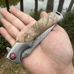 Topwell Handmade YH003 EDC Folding Knife Perfect Quality Damascus Steel Blade Rosewood Handle Kraft First layer Leather Sheath