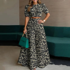 Women Elegant Solid Two Piece Sets Summer Short Sleeve Button-down Crop Blouse Top High Waist Wide-leg Pants Set Casual Outfits