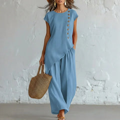 Women 2 Piece Set Elastic Waist Pocket Button Decorate Wide Leg