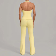 Women Halter V Neck 2Pcs Yoga Outfit Backless Crop Top High Waist Flare Pants Soft Stretch Workout Gym Pilates Casual Tracksuit