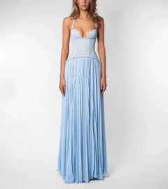 Green Corset Halter Long Dress Women Backless Off Shoulder Pleated Patchwork Slim Maxi Dress 2026 Summer Lady Party Evening Gown