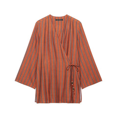KLKXMYT Women's Vintage Stripe Pants Set Long Sleeve Tied Shirt Tops Suits 2026 Autumn Casual 2 Pieces Set Women ﻿ ﻿