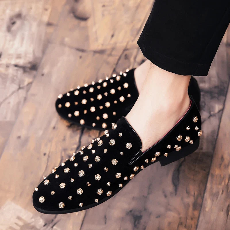2024 New Brand Black Spikes Mens Loafers Luxury Shoes Denim And Metal Sequins High Quality Casual Men Shoes Wedding Flats Shoes