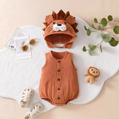 Newborn Baby Romper Knitted Hooded Lion Bodysuit Sleeveless Infant Jumpsuit Toddler Onesie Unisex Summer Outfit Button Playsuit