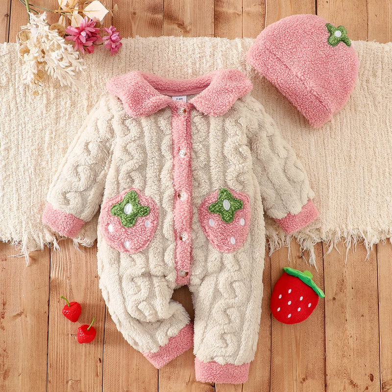 Baby Thick Double-Sided Fleece Doll Collar Romper Set Sweet 3D Strawberry Pocket Cable Knit Romper + Matching Warm Hat Soft and Warm for Winter Outings