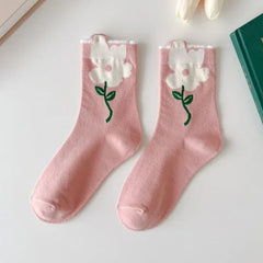 New Style Crew Socks for Women Spring Fashion Cute Flower Long Cotton Socks Japanese Style Breathable Casual Trendy Absorb Sweat