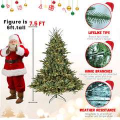 7.5ft Full-Shape Christmas Tree with 850 UL Certified Lights, 2441 PE/PVC Mixed Branch Tips, Hinged Easy Setup Artificial Tree with Wide Base and Metal Stand, Green
