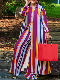 Elegant 2-piece Sets for Women Fall Winter Outfits Pants Suit with Long Shirt Blouse Full Sleeve Striped Plus Size Matching Sets