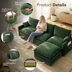 108 Inch Cloud Couch Sectional, Modular Sectional Sofa with Ottoman, Green | L Shaped Sectional Couches for Living, Customized