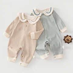 2026 Spring Cotton Newborn Jumpsuit Baby Bodysuits and One-pieces 0-24M Boys Girls Sailor Collar Stripe Boneless Soft Romper
