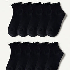 Women's Crew Socks with Ruffles, White and Black, Comfortable, Breathable, Moisture-Absorbing and Sweat-Wicking