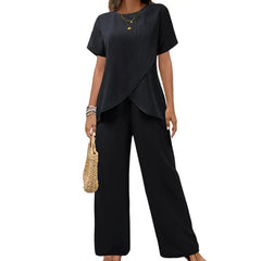 Casual Solid Suit Women Summer Fashion Round Neck Short Sleeve
