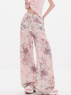 New Women Chinese Style Pink Embroidered Jeans Summer Casual Wide Leg Floor Length Pants with Printed Design