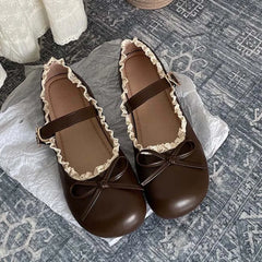 Lolita PU Leather JK Flat Shoes Bow Sweet Slip On Loafers Soft Sole Lace Ruffled Mary Jane Shoes Women