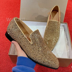 Gold Full Crystal Shiny Men's Loafers Wine Red Black Gradient Oxfords Flat Shoes Party Luxury Clogs Round Toe Casual Print Shoes