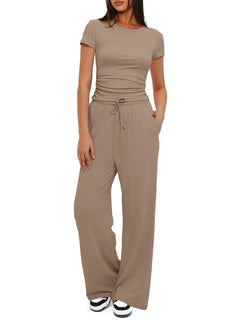 Summer Solid Loose Casual Tracksuit Women's Two Pieces Set O Neck Short Sleeves T-shirts and Wide Leg Pants Sets Sportswear Set