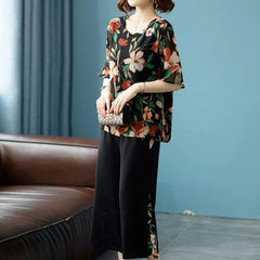 Summer Ladies Fashion Printing Wide Leg Pants 2PCS 2025 Women Short Sleeve Pantalons Outfit Korean Femme Chiffon Two-piece Set