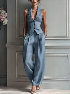 2026 Summer Women Two Piece Set Single-breasted Sleeveless Vest Top And Trousers Pants Set Suit Office Ladies Suits