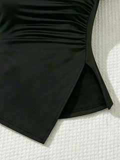 2 Pcs Women Crew Neck Side Ruched Split Hem Short Sleeve Tee High
