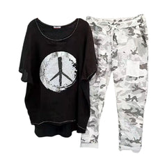 Womens Two Piece Camouflage Set Summer Outfits for Women Cotton Linen Suit 2023 Casual Print Short Sleeve Harajuku