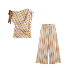 HH Women Summer Elegant Striped 2 Piece Outfit One Shoulder Top Wide Leg Pants For Dinner Date Party Vacation Holiday Wear