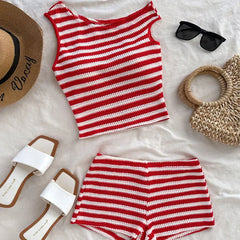 Women's Summer Short Two-piece Set New Vacation Style Striped Slim Fit Slim  Slimming Vest Hip Hugging Short Pants Set For Women
