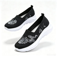 2026 Summer Women Breathable Knit Floral Embroidery Platform Loafers Slip On Walking Shoes Lightweight Soft Cushion Insole Anti Slip Wedge Sole Comfort Casual Daily Outdoor Travel Nurse Footwear Black Khaki Green Multiple Siz