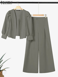 ZANZEA Elegant 2pcs Women Pant Sets Long Sleeve Cardigan Suit and High Waist Wide Leg Pants 2025 Fashion Solid Two-piece Outfits