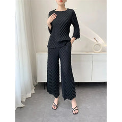 Spring New Women Handmade Pleated Pants Set Comfortable Casual Seven