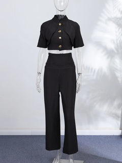Fashion Women Pant Set Fashion Stand Collar Single Breasted Short Sleeve Cropped Coat And Lace Up Wide Leg Pant Casual Outwear