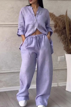 Autumn Cotton and Linen Pant Sets Women Fashion Long Sleeve Shirts