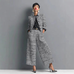 Fashionable Commuter Women's Suit Casual Solid Color Lapel Cardigan Short Jacket Paired With Loose Wide-leg Pants Two-piece Set