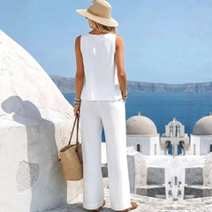  Women Vacation 2 Piece Outfit Sleeveless Tank Loose Top Pockets Wide Leg Pants Cotton Linen Blend Casual Summer Beach Wear