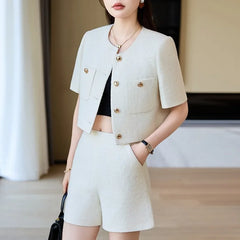 Luxury Blazer White Small Fragrance Short Sleeve Jacket Women's Summer Loose Thin Versatile Top Shorts Professional Black Suits