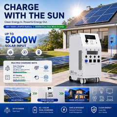 48V 100Ah LiFePO4 Battery 5.12kWh 5000W Pure Sine Wave Inverter, 3 EU AC Outlets, All-in-One Power Station for Home RV Solar Use