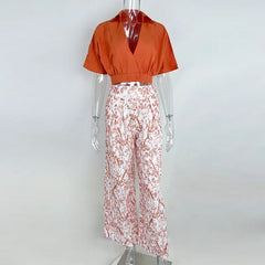 Women's Bell Bottom Pants Suit Solid Color Half Sleeve V-neck Shirt Printed Top Wide Leg Pants Summer Fashion 2 Piece Set