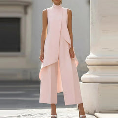 Simple Solid Color Irregular Summer Two Piece Female Stand Collar Sleeveless Top and Pants Office Suit High Street Casual Outfit