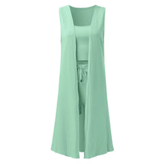Solid Color 3 Piece Pants Set Women Fashion Casual Stretchy Wear Ladies Ribbed Casual Sleeveless Coat Vest And Shorts Suits