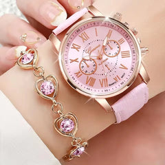 Fashion Women's Quartz Watch Leather Band Analog Wrist Watches Heart Rhinestone Jewelry Set(With Exquisite Gift Box)