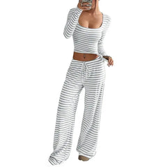 Women's Striped 2 Piece Outfits Long Sleeve Square Neck Cropped Top Drawstring Wide Leg Pants Set Casual Lounge Lady Sweatsuits