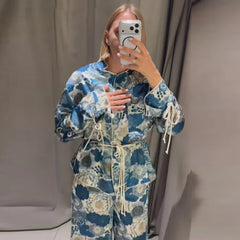 Casual Women's Printed Blouses Pant Set Loose Long Sleeve Lapel Lace