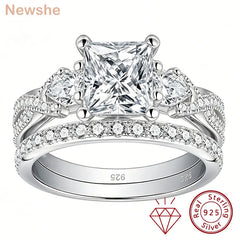 Newshe 2 Pcs Wedding Ring Set 925 Sterling Silver Moissanite Certified Princess Pear Cut Engagement Rings for Women Fine Jewelry
