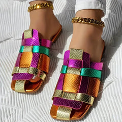 Summer Colorful Fashionable Sexy Casual Soft Luxurious Square Toe Hollow Roman Flat Shoes Model Vacation Comfortable Slippers