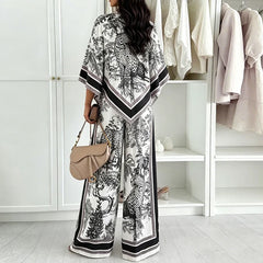 Vintage Printed Shirt High Waist Wide Leg Pants Suit Women Casual Two Piece Set Irregular 3/4 Length Shirt Trousers Holiday Sets