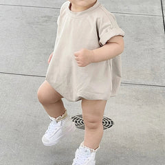 Baby Boy Girl Solid Color Short Sleeve Bubble Romper Oversized T-Shirt Bodysuit Top Summer Baby Jumpsuits Clothes