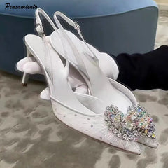 Luxury Diamond Pearls Lace Mesh Women Pumps Elegant Pointed toe Thin High heels Fashion Summer Slingbacks Wedding Party Shoes