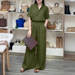 Summer Women's Casual Pant Suits Wide Leg Pant & Half Sleeve Shirt 2 Piece Sets ZANZEA Solid Color Commuting Day Wear Pant Sets