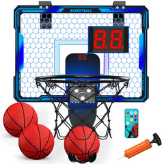Mini Indoor Basketball Hoop with 7 LED Lights Scoreboard 3 Play Modes Adjustable Volume over Door Foldable for Kids Adults